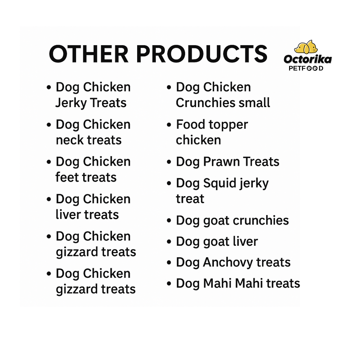 List of dog food products with Octorika Petfood logo on a white background