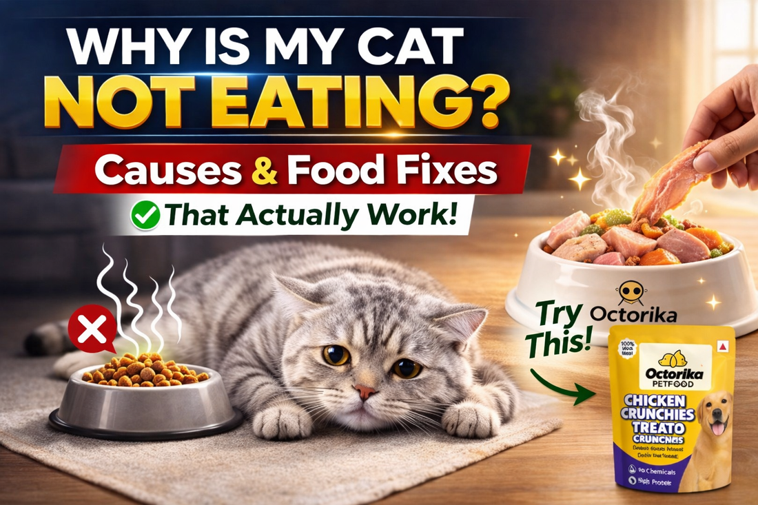 A thumbnail showing a sad grey cat lying near an untouched bowl of dry food on the left, and a fresh bowl of nutritious food on the right with Octorika Chicken Crunchies Treats pack beside it