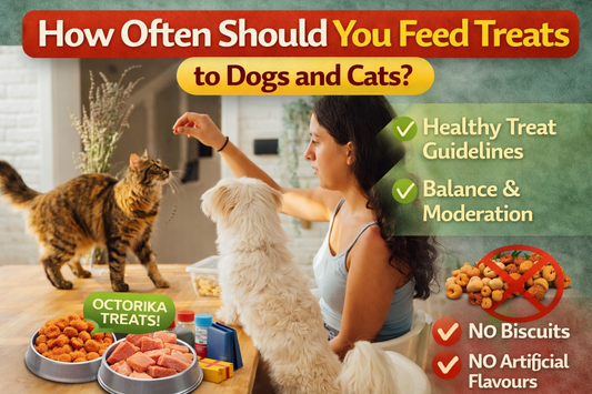 A woman feeding a treat to her dog and cat at a wooden table in a bright home setting, illustrating healthy treat feeding habits and balanced treat frequency for pets