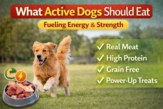 A happy, energetic golden retriever running across a green field with the headline “What Active Dogs Should Eat – Fueling Energy & Strength,” alongside a bowl of real meat and icons highlighting high protein and grain-free nutrition