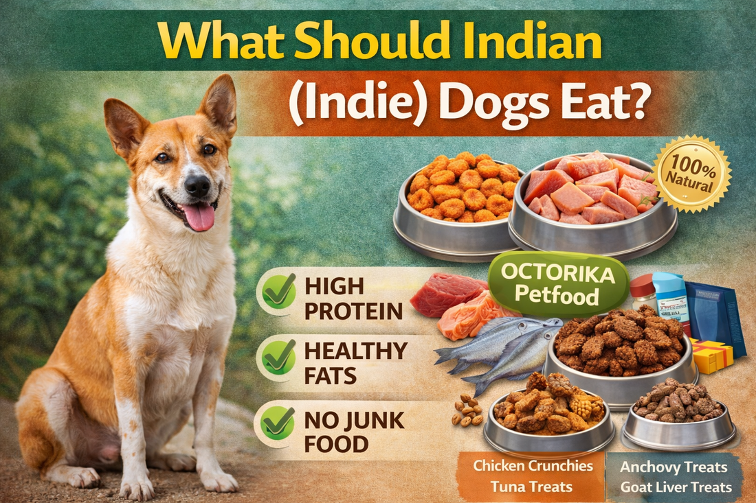An Indian Indie dog sitting calmly with a balanced food bowl, representing natural and nutritious diet options for Indian street and desi dogs