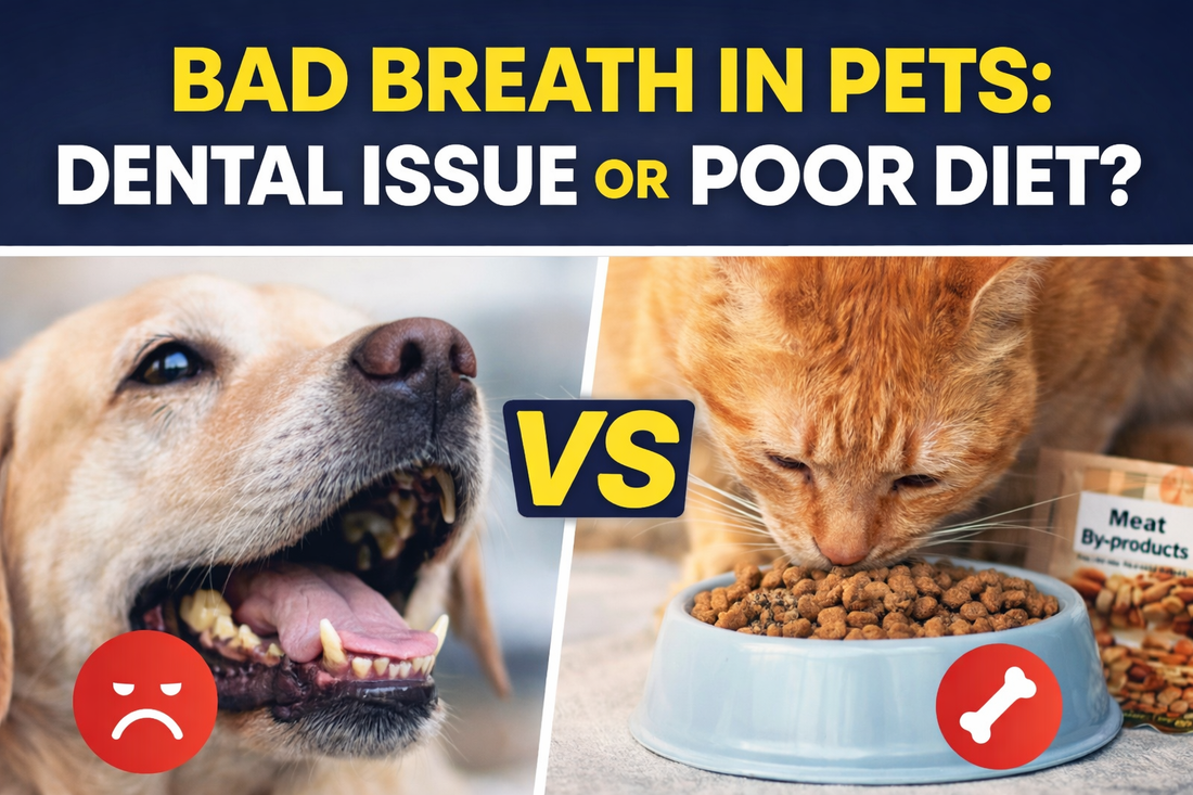 Split thumbnail showing a dog with visible dental issues on one side and a cat eating kibble on the other, with the headline “Bad Breath in Pets: Dental Issue or Poor Diet?” highlighting the comparison between oral health and nutrition.