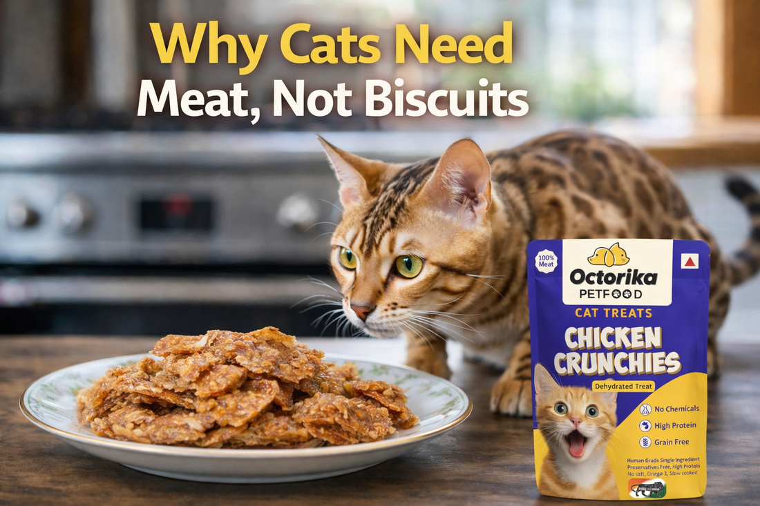 A Bengal cat in a modern kitchen looks at a plate of dehydrated chicken treats, with an Octorika Chicken Crunchies packet beside it