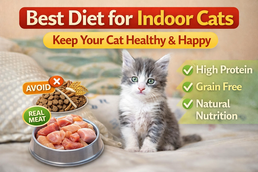 A cute gray and white indoor kitten sitting on a soft bed with the title “Best Diet for Indoor Cats – Keep Your Cat Healthy & Happy,” alongside a bowl of real meat and icons highlighting high protein, grain-free, and natural nutrition.