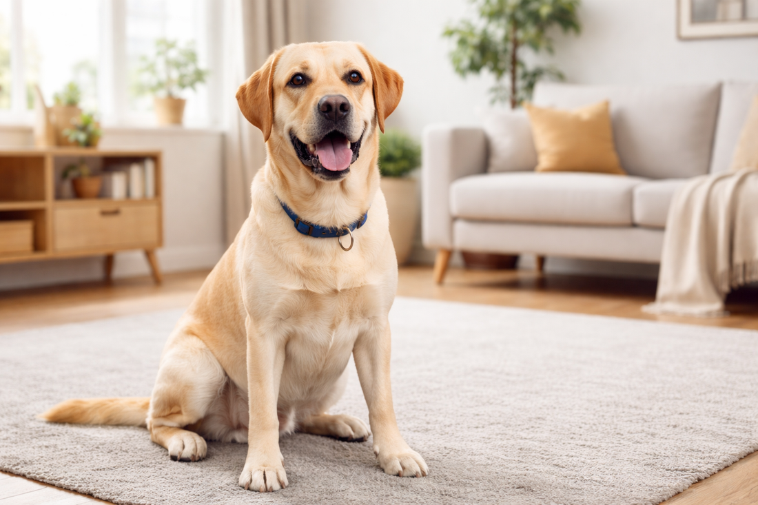 A happy yellow Labrador dog sitting comfortably inside a modern home living space, looking relaxed and healthy, representing proper pet care, nutrition, and a safe indoor environment
