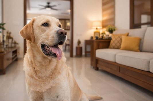 A healthy and happy Labrador relaxing comfortably inside a modern home, showing how proper nutrition, care, and a safe environment support a pet’s overall wellbeing