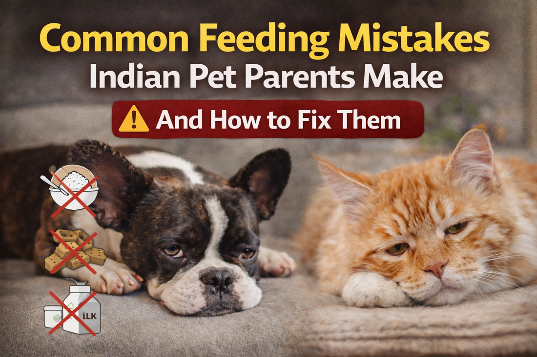 A tired dog and a lazy orange cat lying side by side with warning icons of rice, biscuits, and milk crossed out, alongside the headline “Common Feeding Mistakes Indian Pet Parents Make and How to Fix Them.