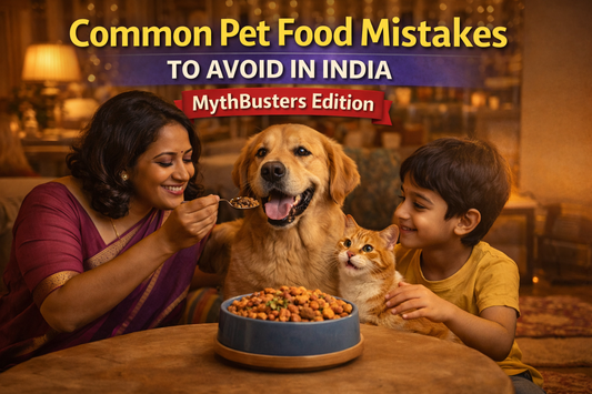 A woman and a child feeding a dog and a cat in a warm Indian home, with a banner reading “Common Pet Food Mistakes to Avoid in India – MythBusters Edition