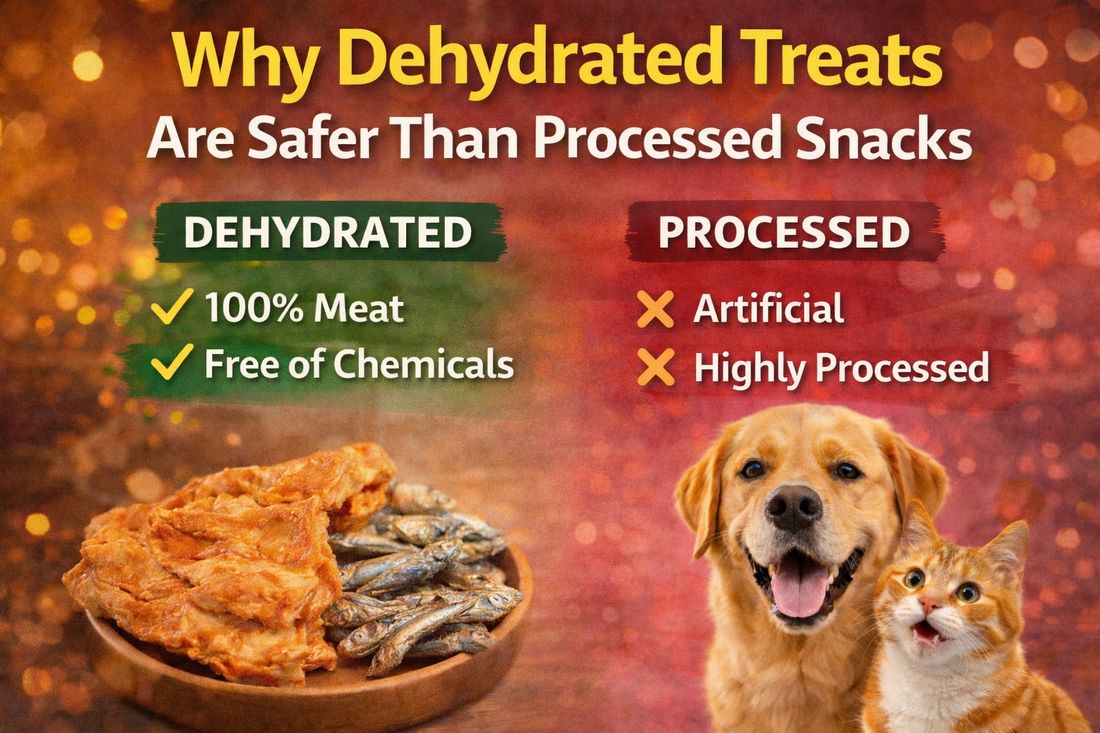 A dog and a cat beside dehydrated meat treats and processed snacks, illustrating why dehydrated pet treats are safer than processed pet food