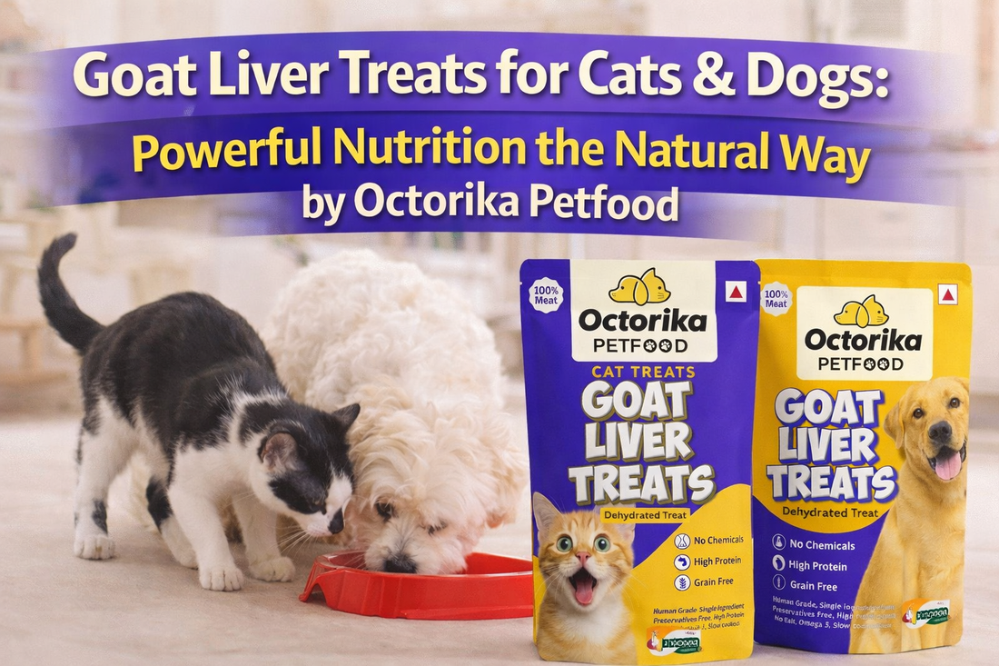 A cat and a dog eating goat liver treats from a bowl with Octorika Goat Liver Treat packets displayed, highlighting natural, high-protein dehydrated pet treats.