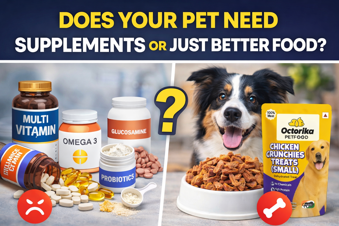 Split comparison thumbnail showing pet supplements like multivitamins, omega-3, and probiotics on one side, and a happy dog beside a bowl of dehydrated chicken treats with an Octorika Petfood packet 