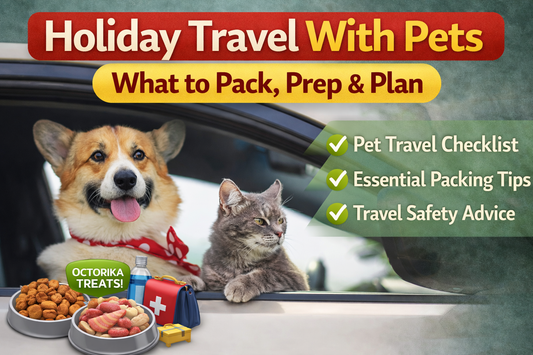 Thumbnail image showing a happy dog and cat looking out of a car window with travel essentials around them, including a pet travel bag, food bowl, and treats. Bold title text reads “Holiday Travel With Pets: What to Pack, Prep & Plan