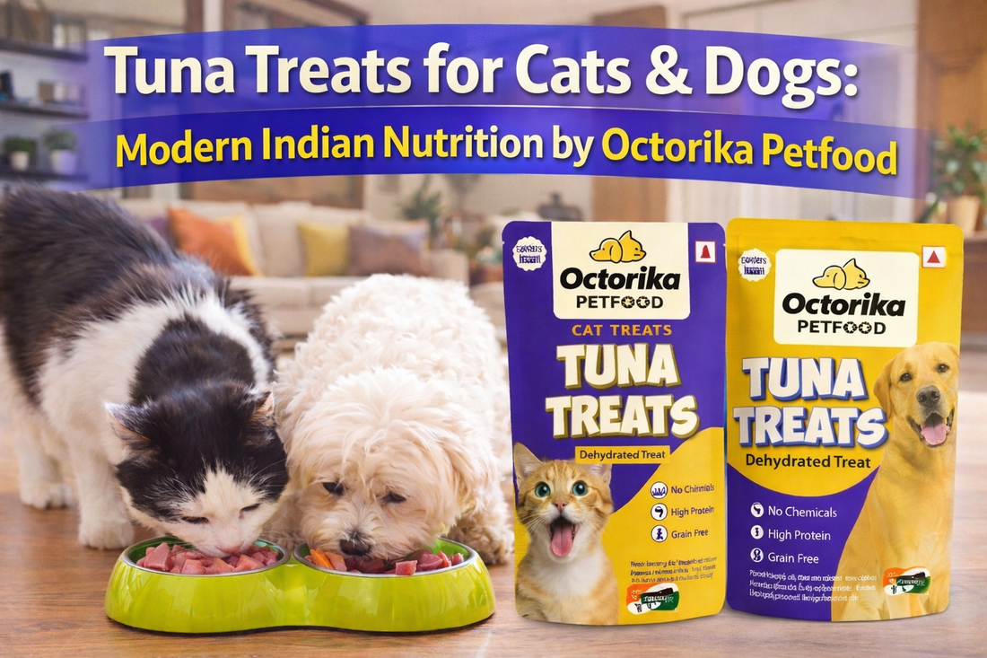 A cat and a dog eating tuna treats from bowls in a modern Indian home with Octorika Tuna Treat packets displayed, highlighting natural, high-protein pet nutrition