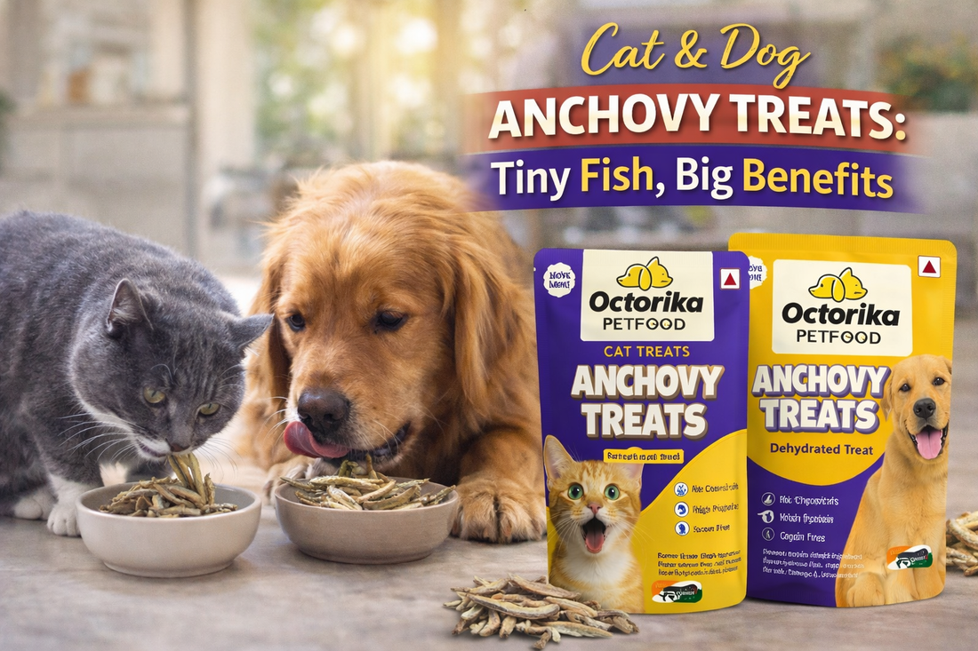 A cat and a dog eating anchovy treats from bowls while Octorika anchovy treat packets for cats and dogs are displayed, highlighting natural, high-protein dehydrated pet treats