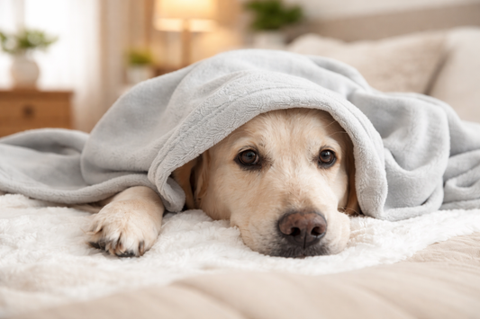 a tired yellow Labrador Retriever lying under a soft grey blanket in a modern Indian home bedroom, with warm lighting and a cozy background, conveying signs of illness or fever in dogs.