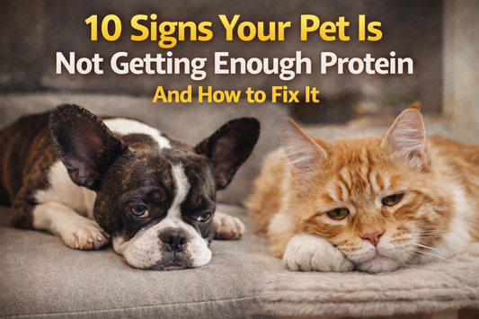 A tired dog and a lazy cat lying on a couch with the text “10 Signs Your Pet Is Not Getting Enough Protein