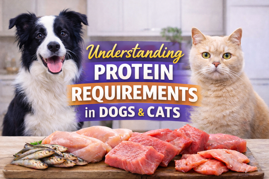 A dog and a cat sitting behind fresh protein sources like chicken, fish, and meat on a modern kitchen surface, illustrating protein requirements in dogs and cats through natural pet nutrition.