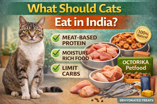 Informative thumbnail showing a healthy domestic cat in a modern Indian home setting with the title “What Should Cats Eat in India?” highlighting meat-based nutrition and proper feline diet awareness