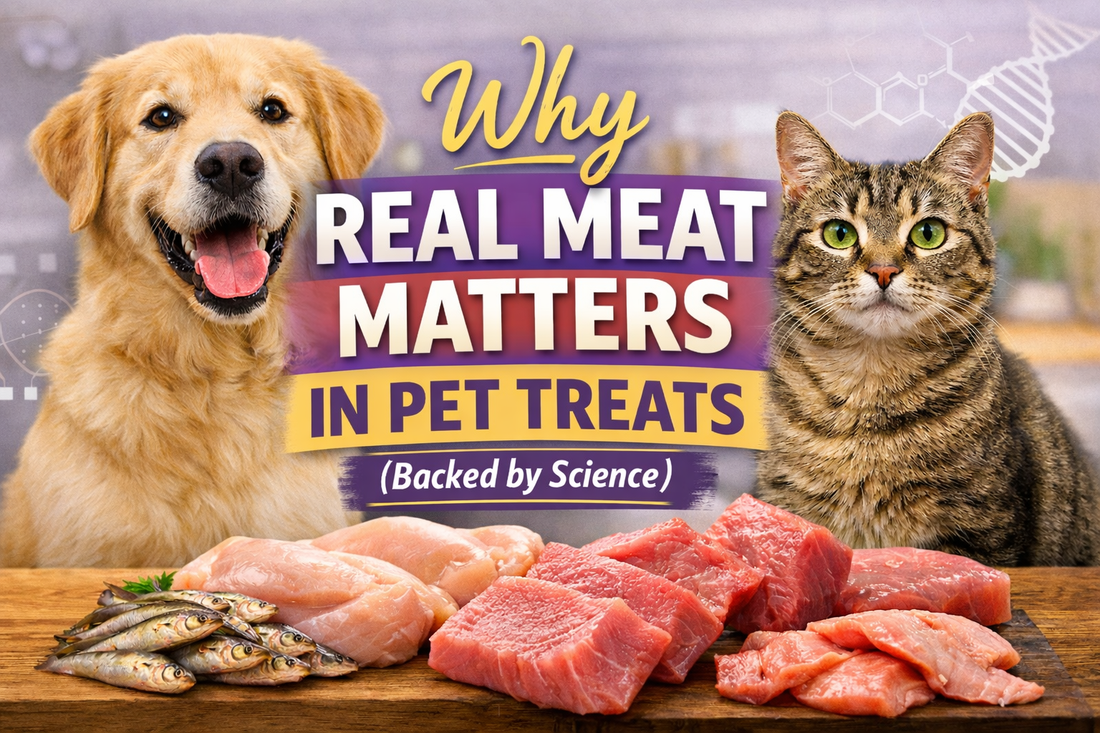 A dog and a cat sitting behind fresh real meat including chicken, fish, and seafood, highlighting the importance of real meat in pet treats with a science-backed nutrition message by Octorika Petfood.