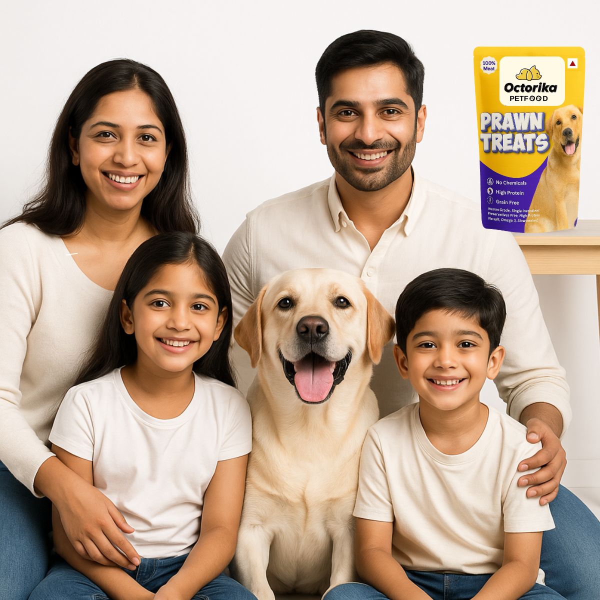 Family with a dog and Octorika Prawn Treats packaging on a white background