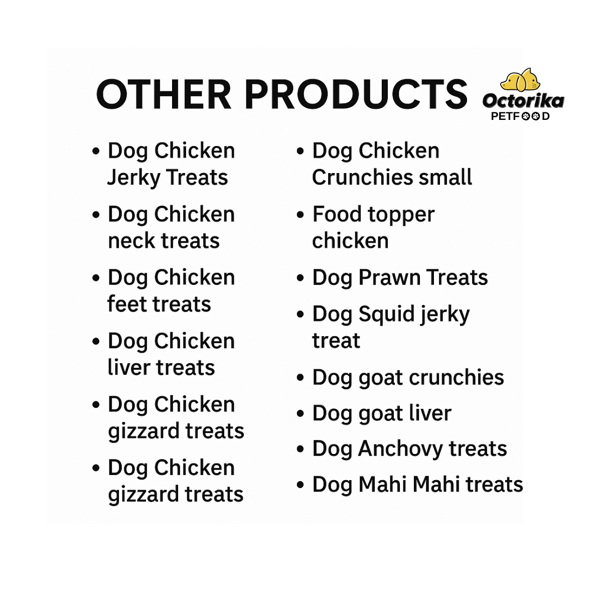 List of other products for pet food with Octorika Petfood branding.